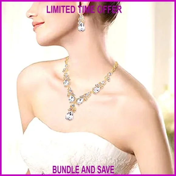 Multi Teardrop Crystal Statement Necklace Earrings Bracelet Set